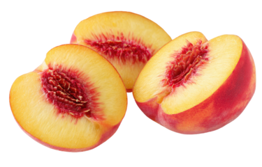 Three juicy fruit halves, revealing a vibrant interior. Close-up shot on a transparent background