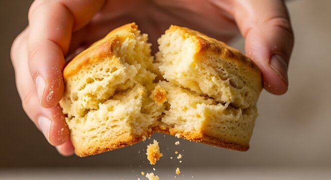 Hands breaking apart a fluffy golden biscuit.