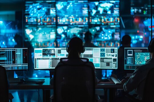 Security operator monitoring multiple screens in control room - Powered by Adobe