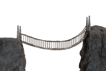A precarious wooden suspension bridge, made of planks and ropes, spans a deep, dark chasm between two rugged, grey rock cliffs. A challenging crossing