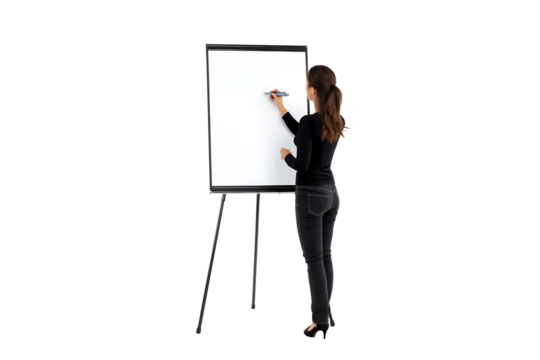 Confident businesswoman confidently writes on blank whiteboard planning strategy or presenting ideas for modern business success