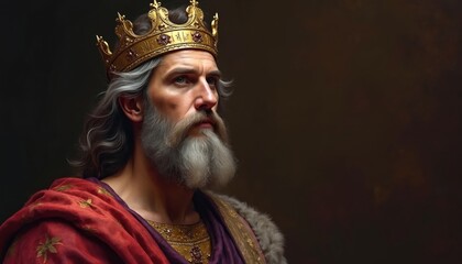 Historical painting shows powerful king with gold crown, grey beard, long hair. Wears rich royal robes. Ancient monarch looks serious, gaze fixed forward. Portrait captures old leader in majestic