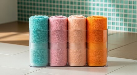 Four colorful rolled towels neatly arranged on a tiled surface showcasing vibrant hues and textures for home decor.