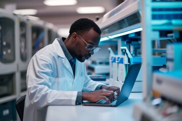 Black scientist researching genetics using laptop in laboratory