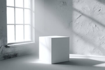 Fototapeta premium A white cube rests in a minimalist, sunlit room with shadows from a window