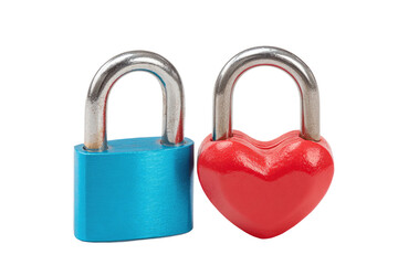 Naklejka premium Two padlocks, one blue, one heart-shaped red, with shiny metal clasps, on a black background
