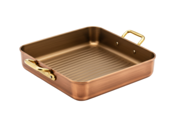 Copper square grill pan isolated, cookware with golden handles for grilling and roasting on a transparent background