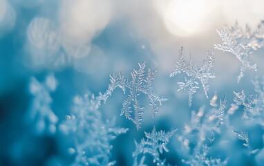 Macro view of intricate frost crystals forming delicate patterns, showcasing nature's artistry in winter's icy beauty