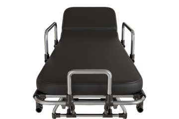 A sterile, black padded medical gurney with silver metal railings and frame, presented from a front-top perspective against a stark black background