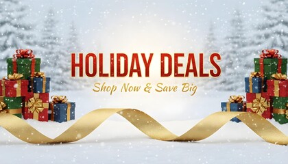 Festive holiday banner promoting special deals and discounts. Bright, eye-catching design with seasonal decorations, warm colors, and a cheerful holiday shopping vibe.