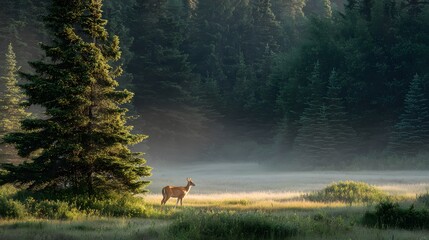 Majestic deer stands gracefully in a sunlit forest clearing surrounded by tall trees and a light mist, bathed in soft morning light creating an enchanting and tranquil natural landscape.