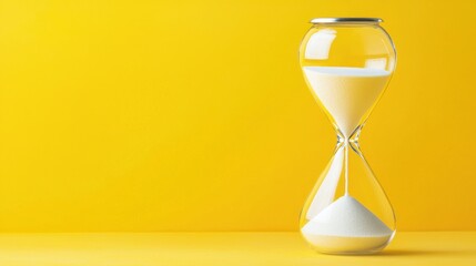 Sand timer with white sand flowing against a vibrant yellow background cropped to the right