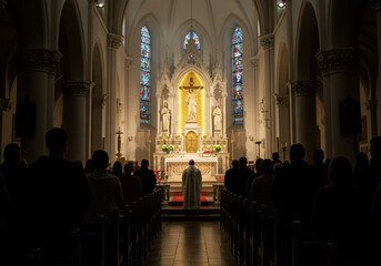 Fototapeta premium Solemn church service with priest officiating at the altar, bathed in sacred light, as congregants worship