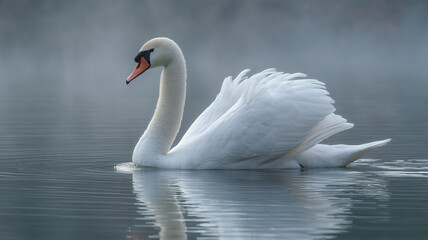 Fototapeta premium A graceful swan gliding gracefully on the water, its elegant neck and smooth white feathers creating an enchanting scene. Ai generated