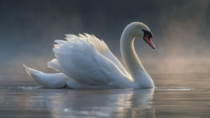 Fototapeta premium A graceful swan gliding gracefully on the water, its elegant neck and smooth white feathers creating an enchanting scene. Ai generated