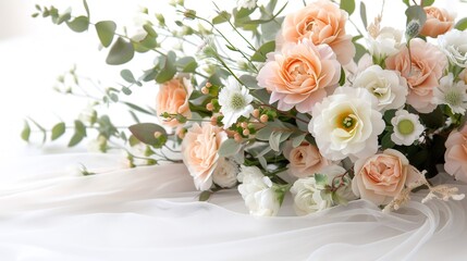 Bridal bouquet with peach and white flowers on veil