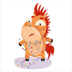 Vector illustration of a horse tangled in garland. New Year, Christmas, holiday, 2026, Horse, Chinese New Year, Horoscope, games, entertainment, relaxation, weekend, snow, fun, vacation
