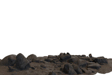 A desolate, rocky ground surface with various sizes of grey and brown stones and coarse dirt. The uneven terrain is set against a stark, empty background