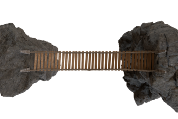 Top-down view A rustic wooden plank bridge connects two grey, rugged rock formations over a deep, dark void. Simple, yet perilous crossing