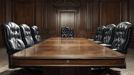 A large wooden conference table with black leather chairs in front of it, set against the backdrop of an empty boardroom with dark wood paneling. Ai generated
