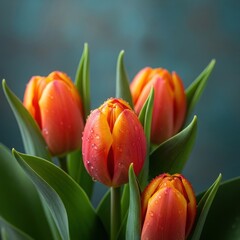 Naklejka premium Vibrant orange and red tulips bloom with dew drops fresh spring floral beauty