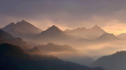 Mountain ranges are shrouded in atmospheric haze, creating a layered landscape with a muted color palette of soft oranges and deep blues during a tranquil sunrise or sunset.