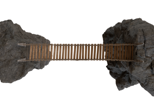 Top-down view A rustic wooden plank bridge connects two grey, rugged rock formations over a deep, dark void. Simple, yet perilous crossing