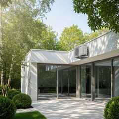 Modern house exterior with large glass windows and lush greenery in sunlight