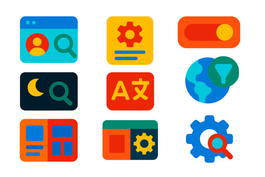 Search Customization Icons. Flat vector icons of search customization: personal search tab, search preferences icon, safe search