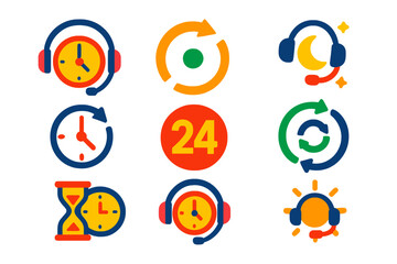 24_7 Services Icons. Flat vector icons of 24/7 customer service: clock with headset, always-on icon, night service icon, round-the