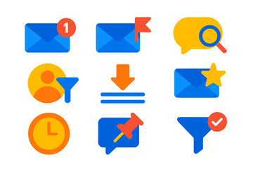 Colorful Message Icons. Flat vector icons of message sorting and filters: unread messages icon, flagged message, search in chat