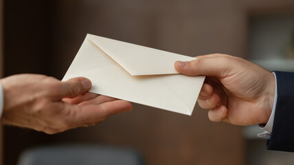 A person is handing over an envelope to another, with a close-up of the hands and the white paper inside it. Ai generated