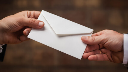 A person is handing over an envelope to another, with a close-up of the hands and the white paper inside it. Ai generated