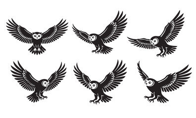 Obraz premium Monochromatic vector collection of owls in various symmetrical flight poses, excellent for nature, wisdom, or night-themed art. Birds.