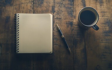 Spiral notebook, elegant pen, and coffee mug on weathered wooden table, representing a writer's workspace with vintage charm