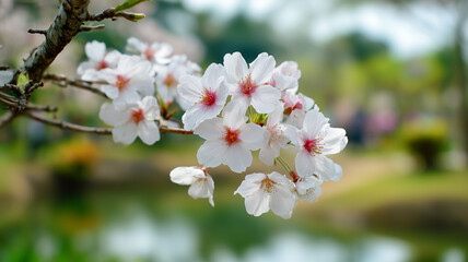 Obraz premium A photo of cherry blossoms in full bloom, with white petals and pink hues. the background is blurred to emphasize the flowers. Ai generated