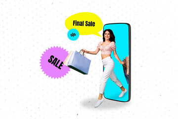 3d pop zine sketch artwork collage of happy girl peek phone carry shopper bags black friday consumerism addiction retail