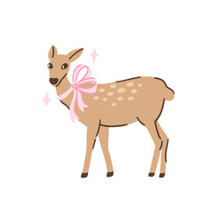 Adorable fawn with pink bowknot. Baby deer animal. Cute bambi. Flat vector illustration