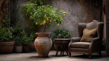 A rustic, yet elegant scene featuring an old armchair and large terracotta pot with lemon tree in the courtyard of house. the setting is warm and inviting, perfect for relaxing or reading a book.