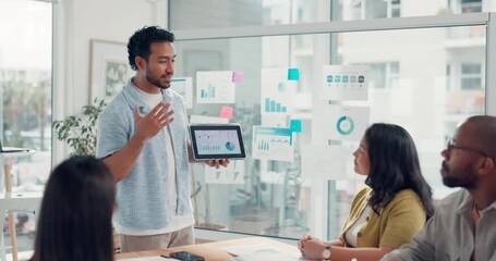 Tablet screen, meeting and presentation with business man for speaker, fundraising growth or grant charts. Online report, donor data and nonprofit analyst with people in ngo agency for feedback