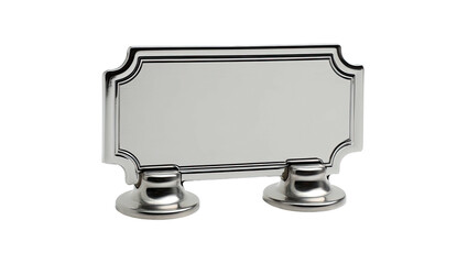A shiny, silver nameplate rests on two rounded pedestal stands. Dark background creates contrast
