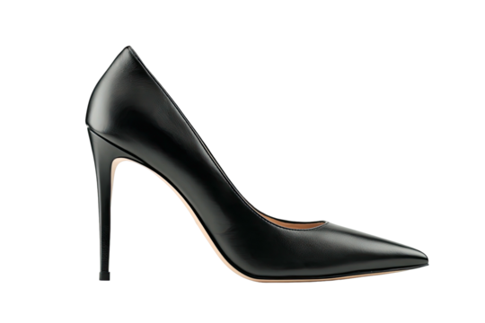 Sleek black leather pump with a pointed toe and stiletto heel isolated on a black background
