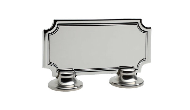 A shiny, silver nameplate rests on two rounded pedestal stands. Dark background creates contrast - Powered by Adobe