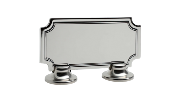 A shiny, silver nameplate rests on two rounded pedestal stands. Dark background creates contrast