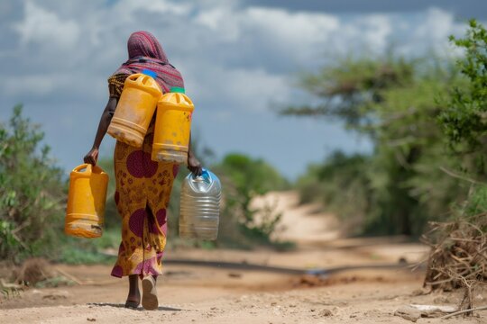 Woman carrying water jerrycans on dusty rural road