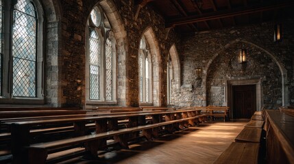 Obraz premium Long, dimly lit hall with stone walls, arched windows, and wooden benches. Sunlight streams in, illuminating the wooden floor
