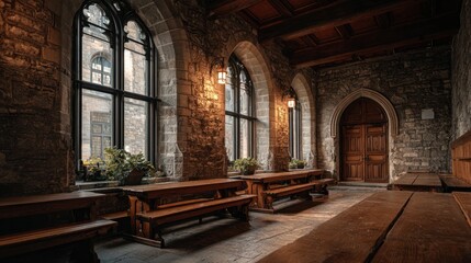 Obraz premium Stone hall interior with arched windows, wooden benches, and soft light ambiance