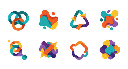 Vibrant Abstract Graphic Designs Featuring Interlocking Shapes, Fluid Elements, and Dynamic Arrows on a White Background, Flat Vector Elements, Vector Illustration, Simple Vector, Stylized Vector