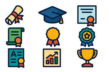 Learning Milestones Icons. Flat vector icons of learning milestones: diploma, graduation cap, certificate, honor roll, award