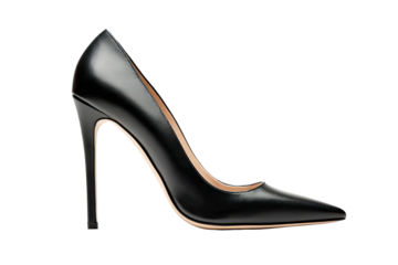 Sleek black leather high-heeled pump, featuring a pointed toe and stiletto heel